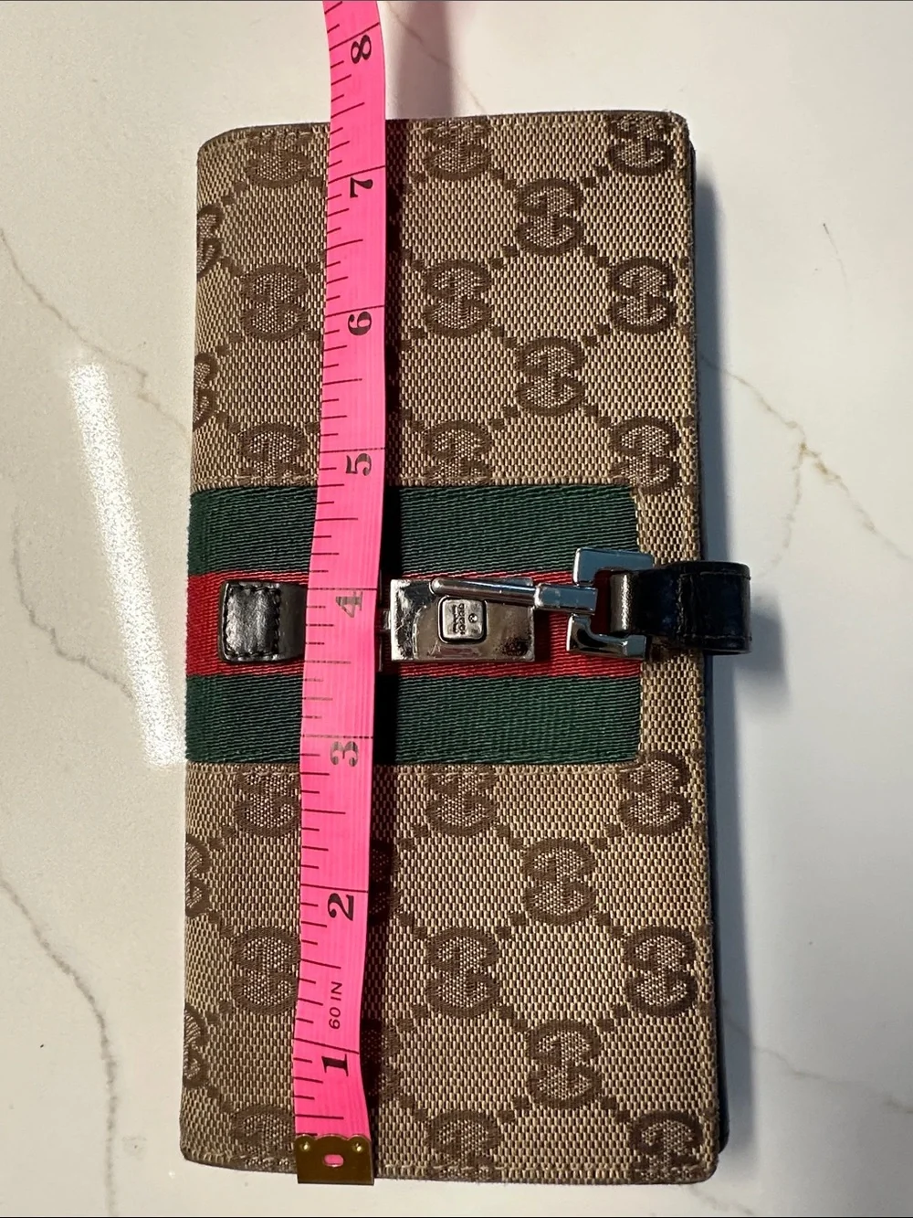 Gucci Brown Monogram Continental Wallet with Green and Red Web Stripe